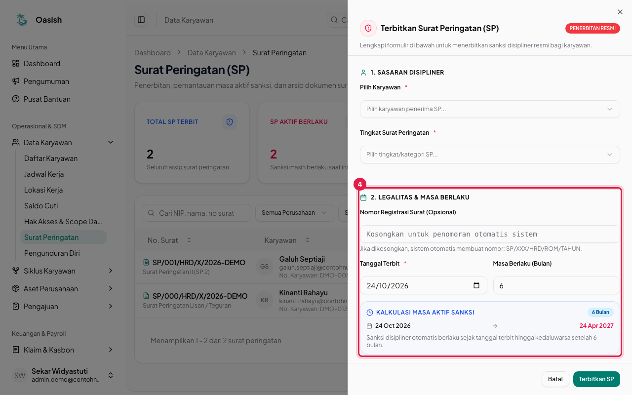 Bagian legalitas dan masa berlaku SP