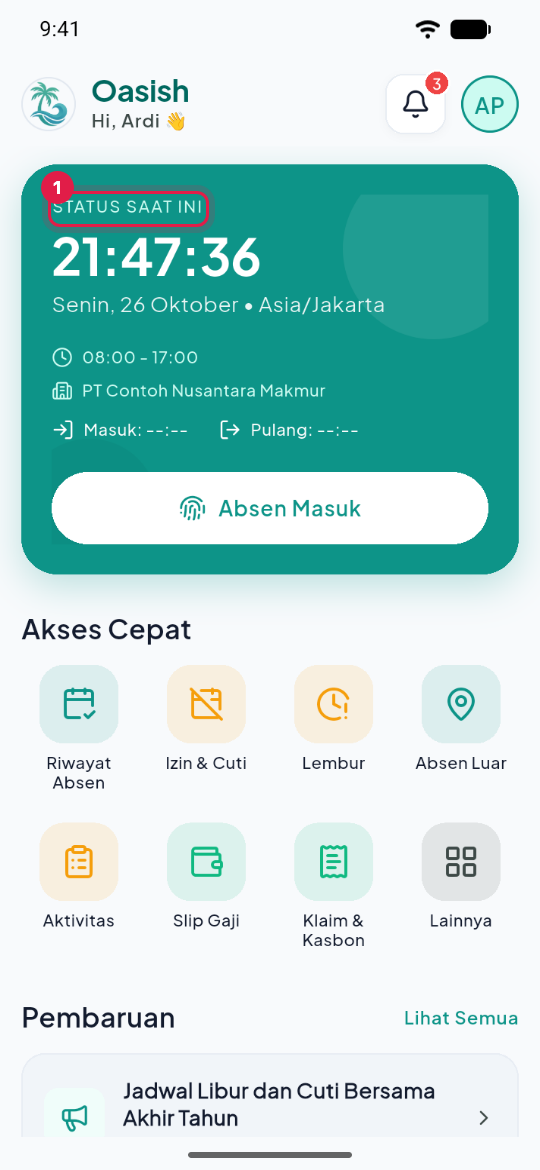 Kartu status kehadiran di beranda