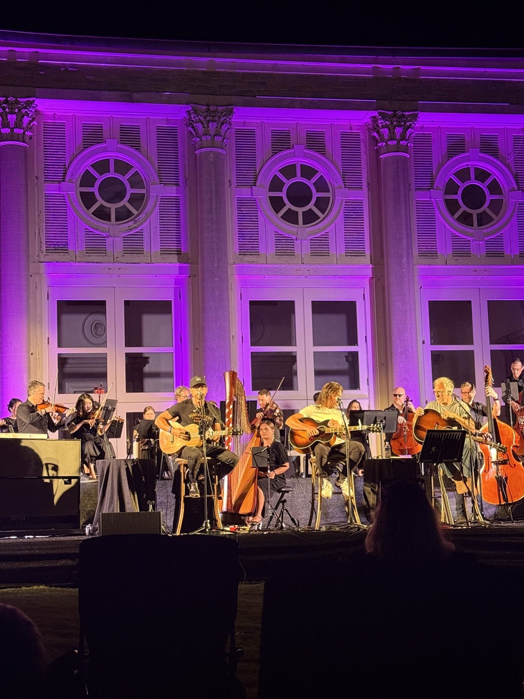 Musicians with guitars, a harp and an orchestra on an outdoor stage lit purple