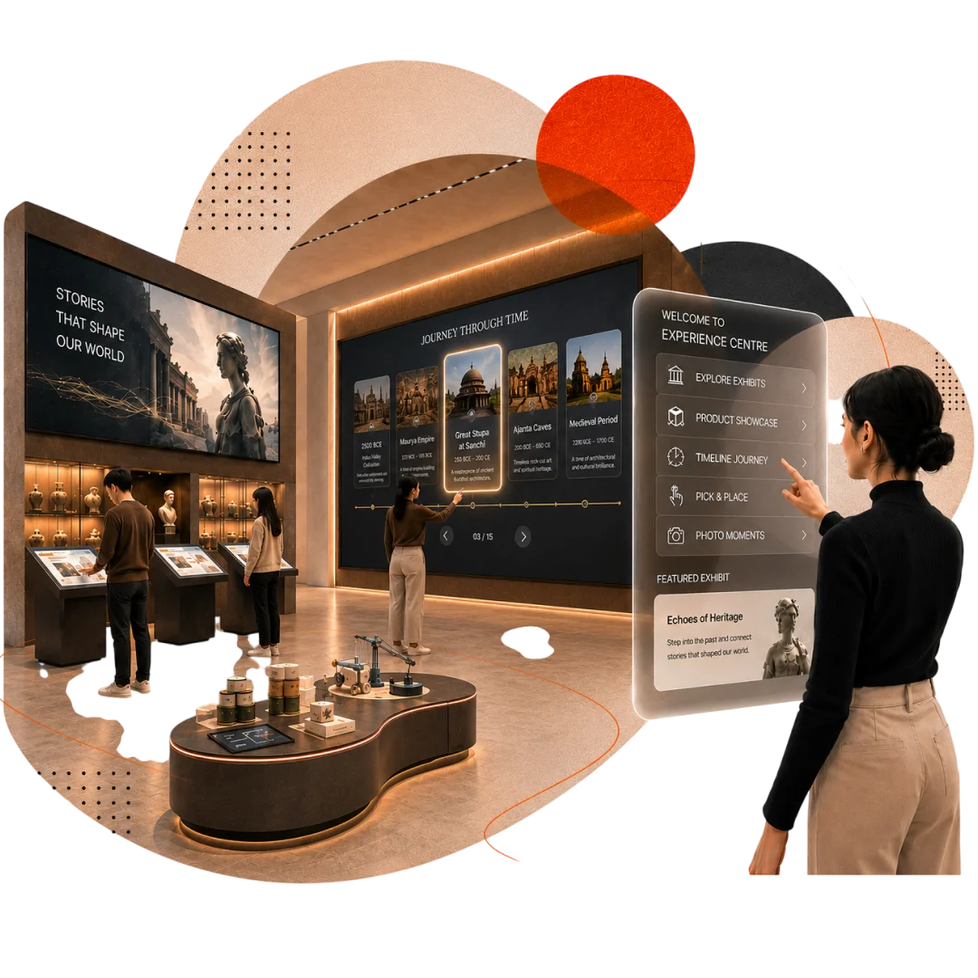Two visitors at an activation, one in a VR headset and one using a phone