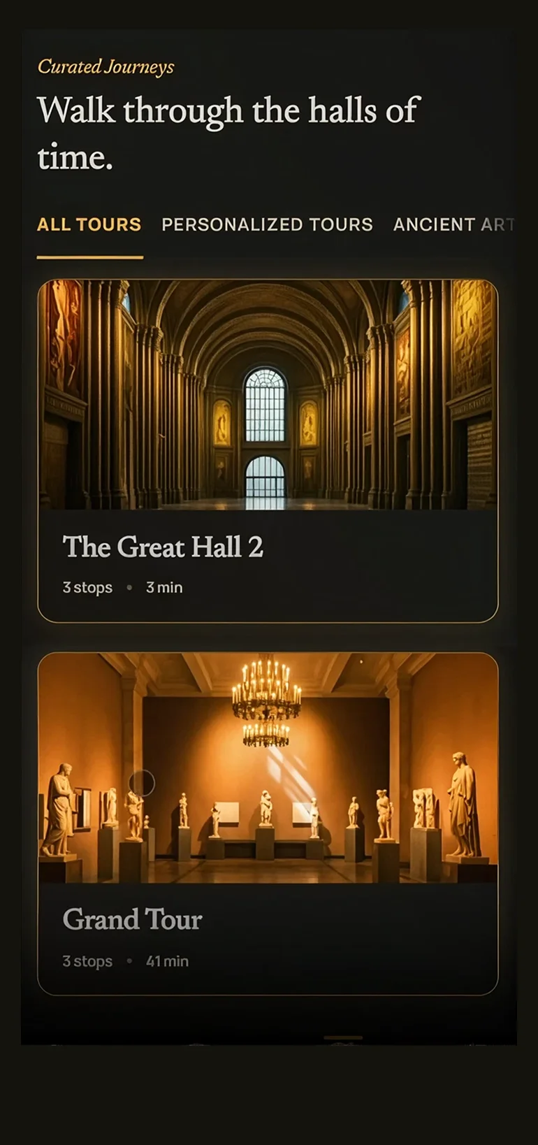 A list of curated tours with cover images, stop counts and durations