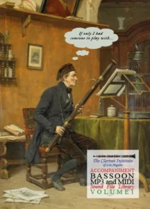 Cover for Bassoon Sound Files—image of a man playing bassoon, thinking, 'If only I had someone to play with,' reflecting a longing for ensemble music.