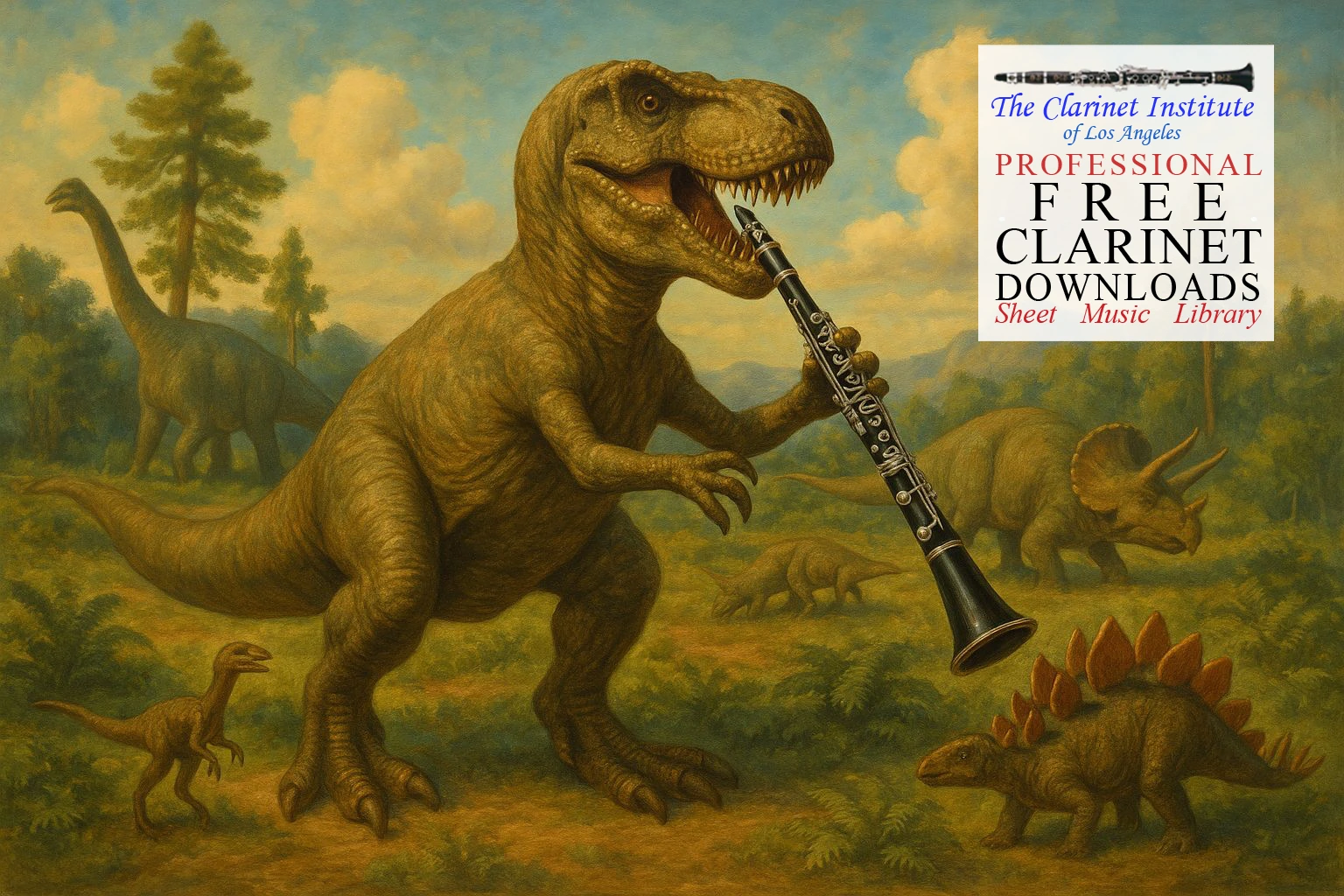 Cover for Free Clarinet Sheet Music Downloads showing a dinosaur holding a clarinet