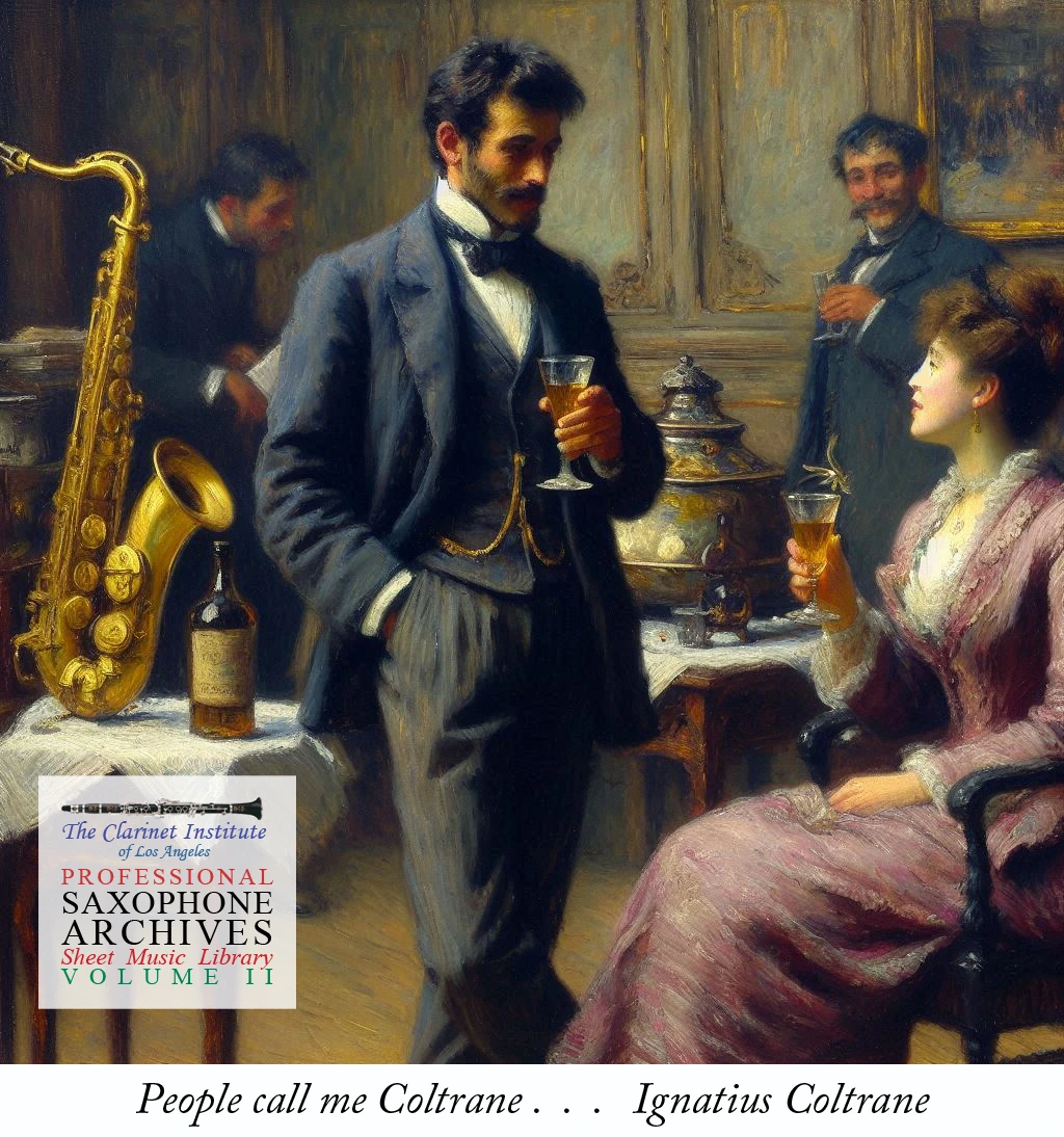 Saxophone - Coltrane Painting - Vol. 2 A 19th-century painting of a man conversing with a woman, humorously introducing himself as 'Ignatius Coltrane.' Cover image for Saxophone Sheet Music, Vol. 2.