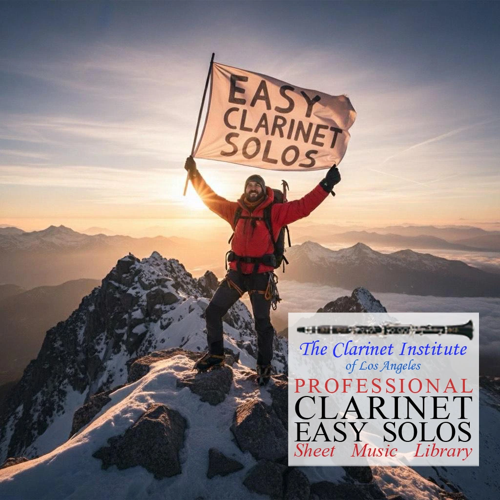 Cover for the Clarinet Easy Solos Collection featuring a man on the top of a mountain
