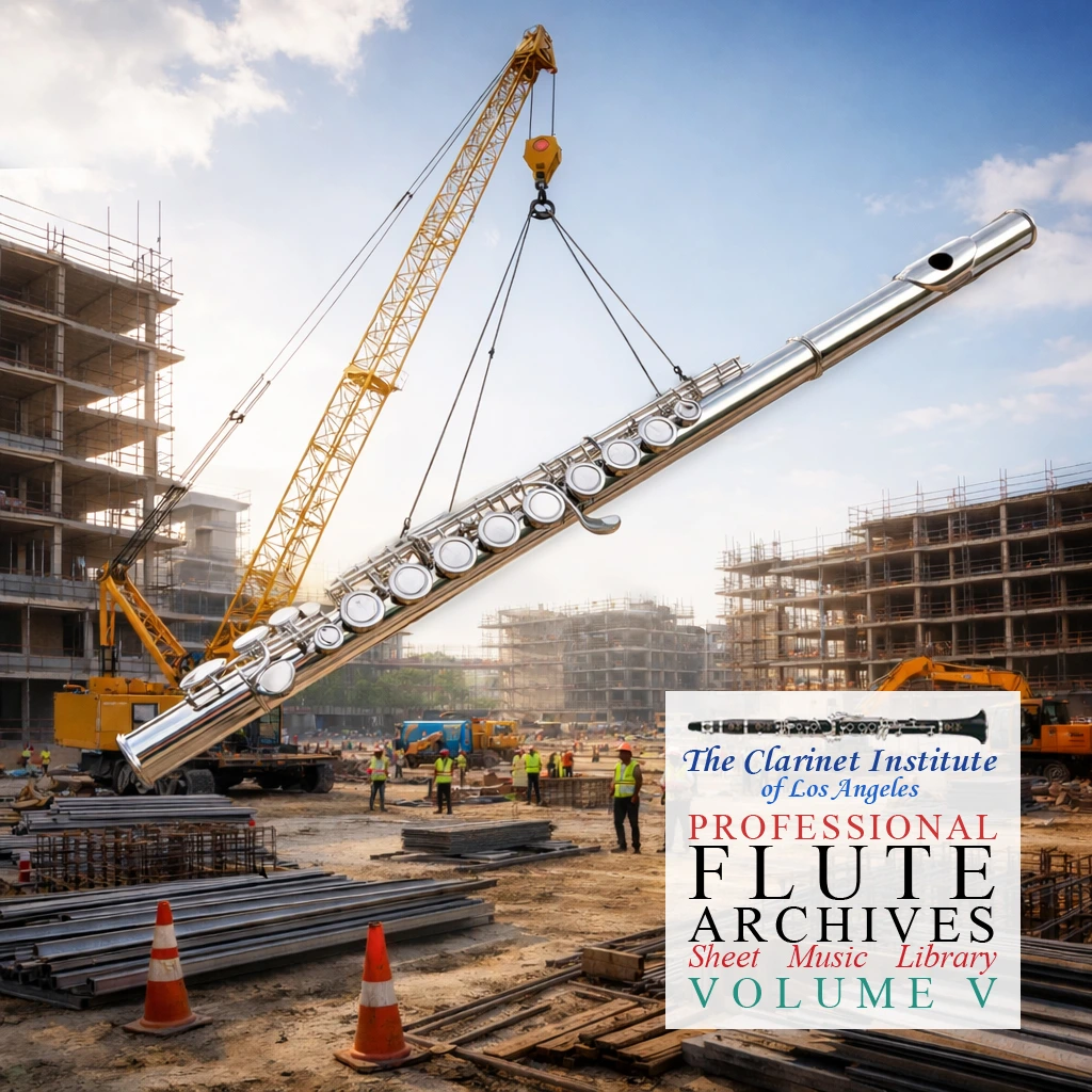 Cover for Flute Sheet Music, Vol. 5 depicting a constructions site with a giant flute