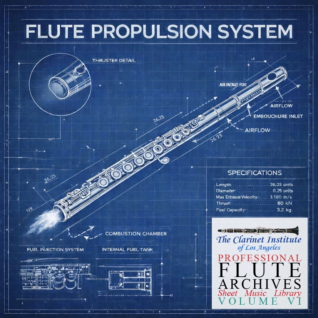 Flute 6 Flute Propulsion Cover for Flute Sheet Music, Vol. 6 depicting a blueprint for the Flute Propulsion System
