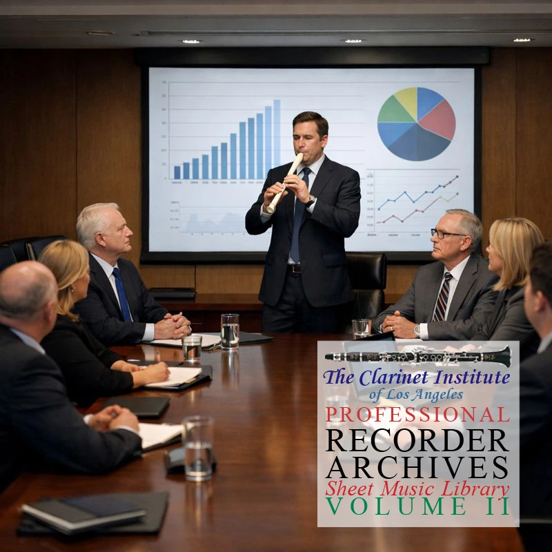 Cover for Recorder Sheet Music, Vol. 2 depicting a recorder in the boardroom