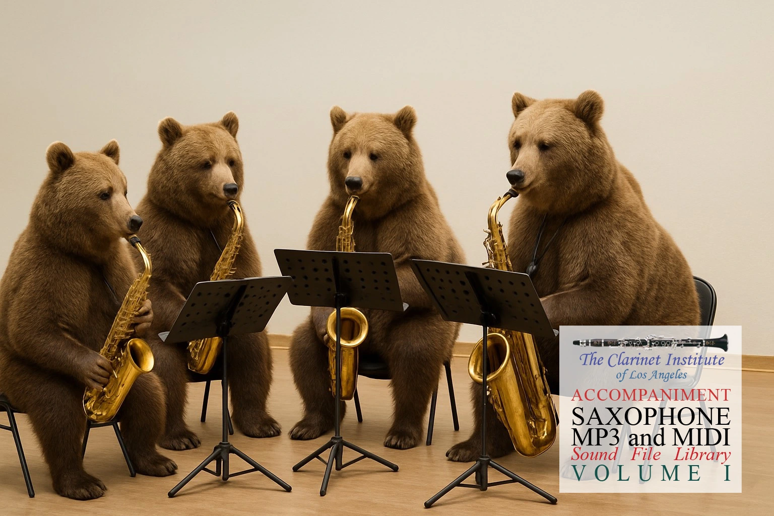 Saxophone Sound Files Bears Cover for Saxophone Sound Files Accompaniment showing a bear sax quartet