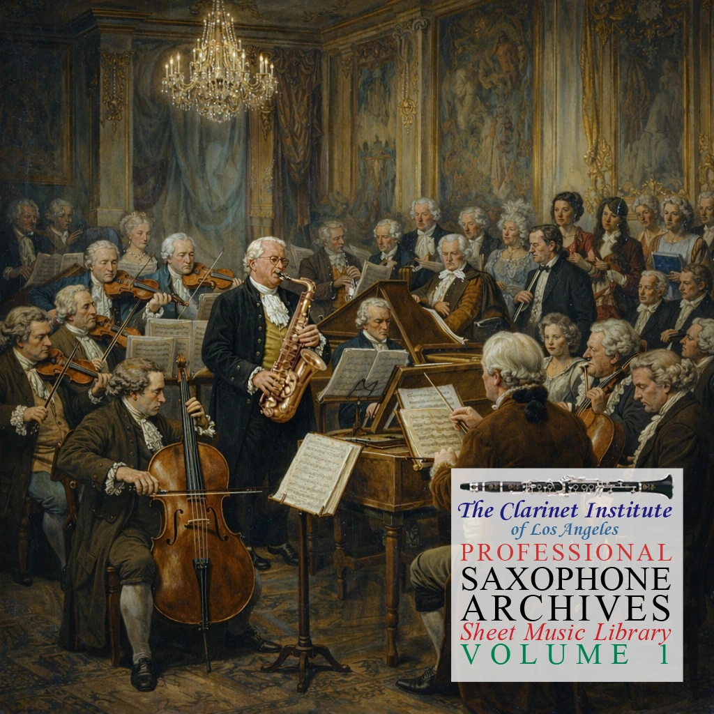 Cover for Saxophone Sheet Music, Vol. 1 depicting a saxophonist performing with a baroque orchestra