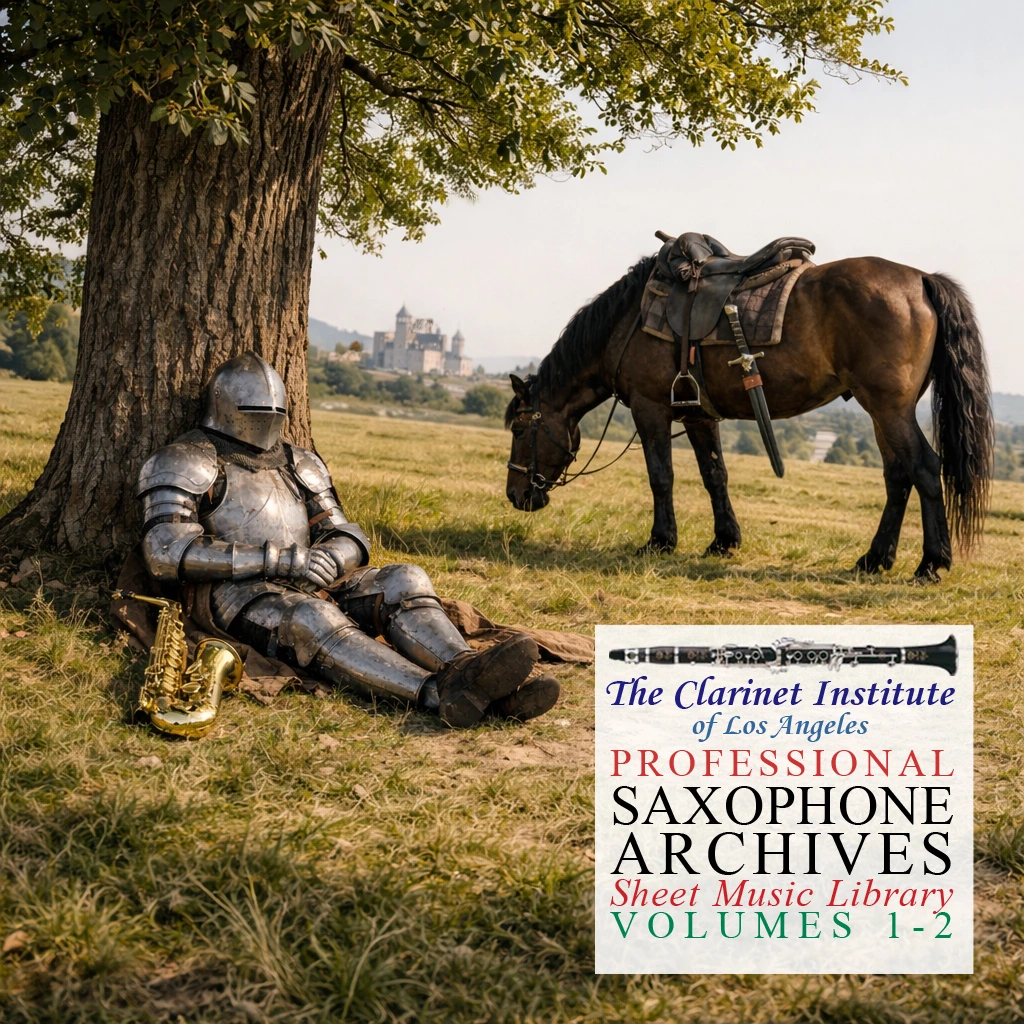 Saxophone, Vols.1-2 Knight Cover for Saxophone sheet music vols. 1-2 depicting a knight resting under a tree