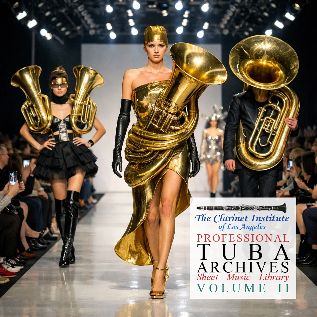 Cover for Tuba Sheet Music, Vol. 2 depicting a Tuba themed fashion show