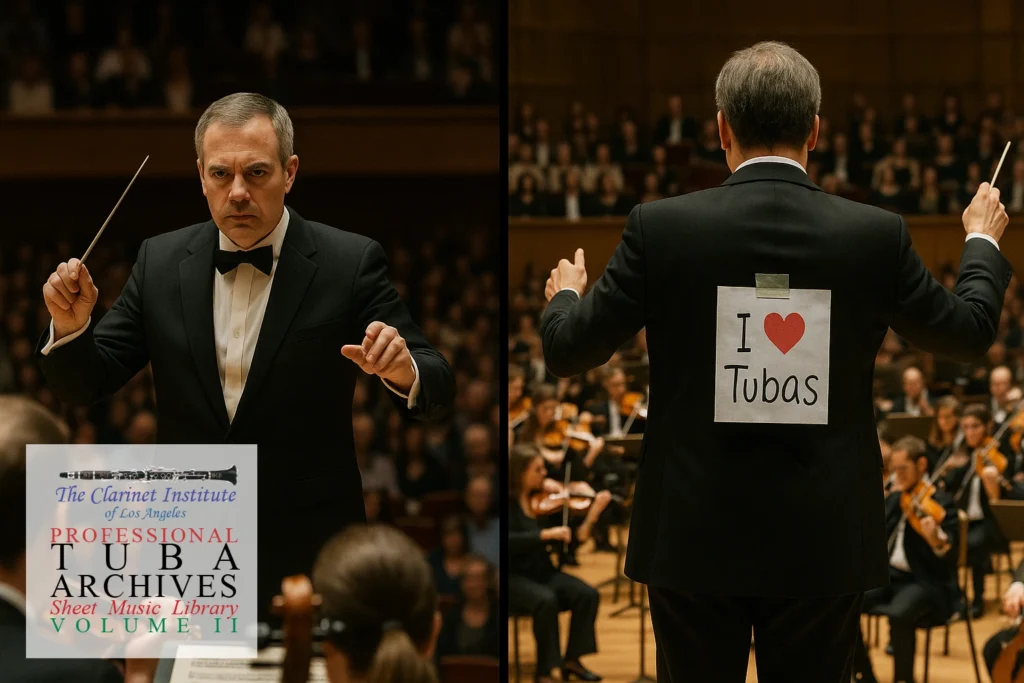 Cover for Tuba Sheet Music, Vol. 2, showing a conductor with a sign on his back