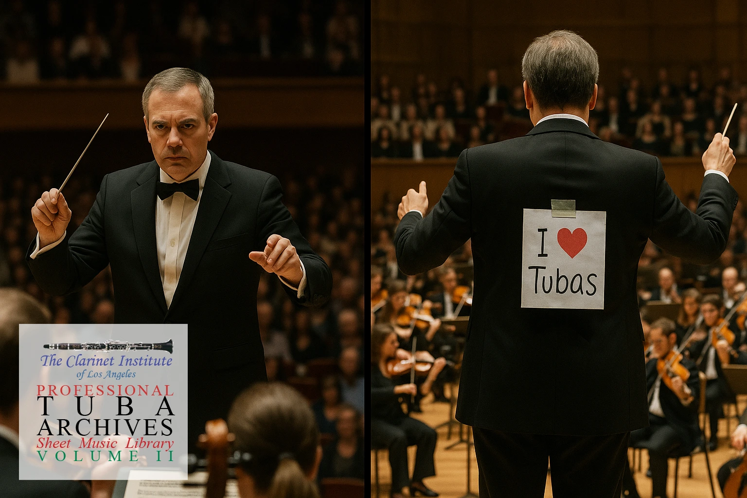 Cover for Tuba Sheet Music, Vol. 2, showing a conductor with a sign on his back