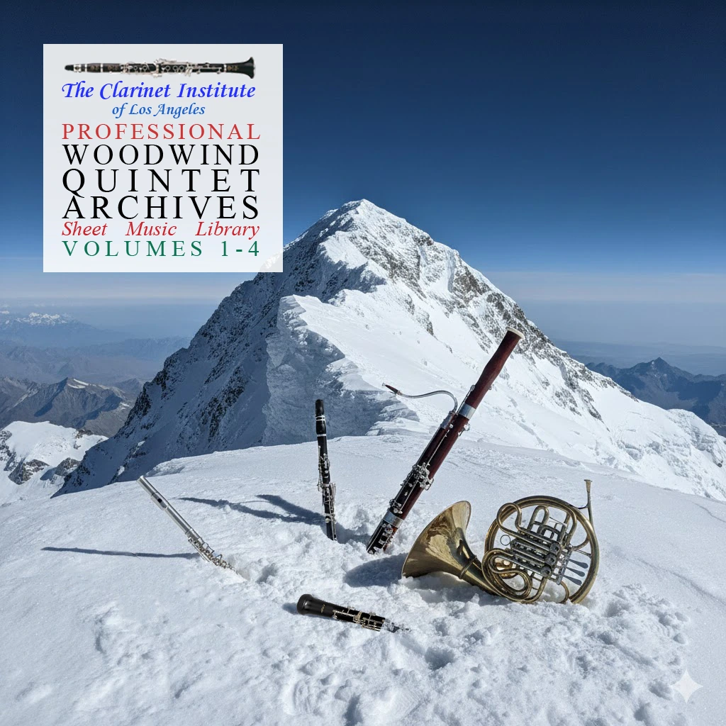 Cover for Woodwind Quintet Sheet Music, Vols. 1-4 showing instruments on Mount Everest