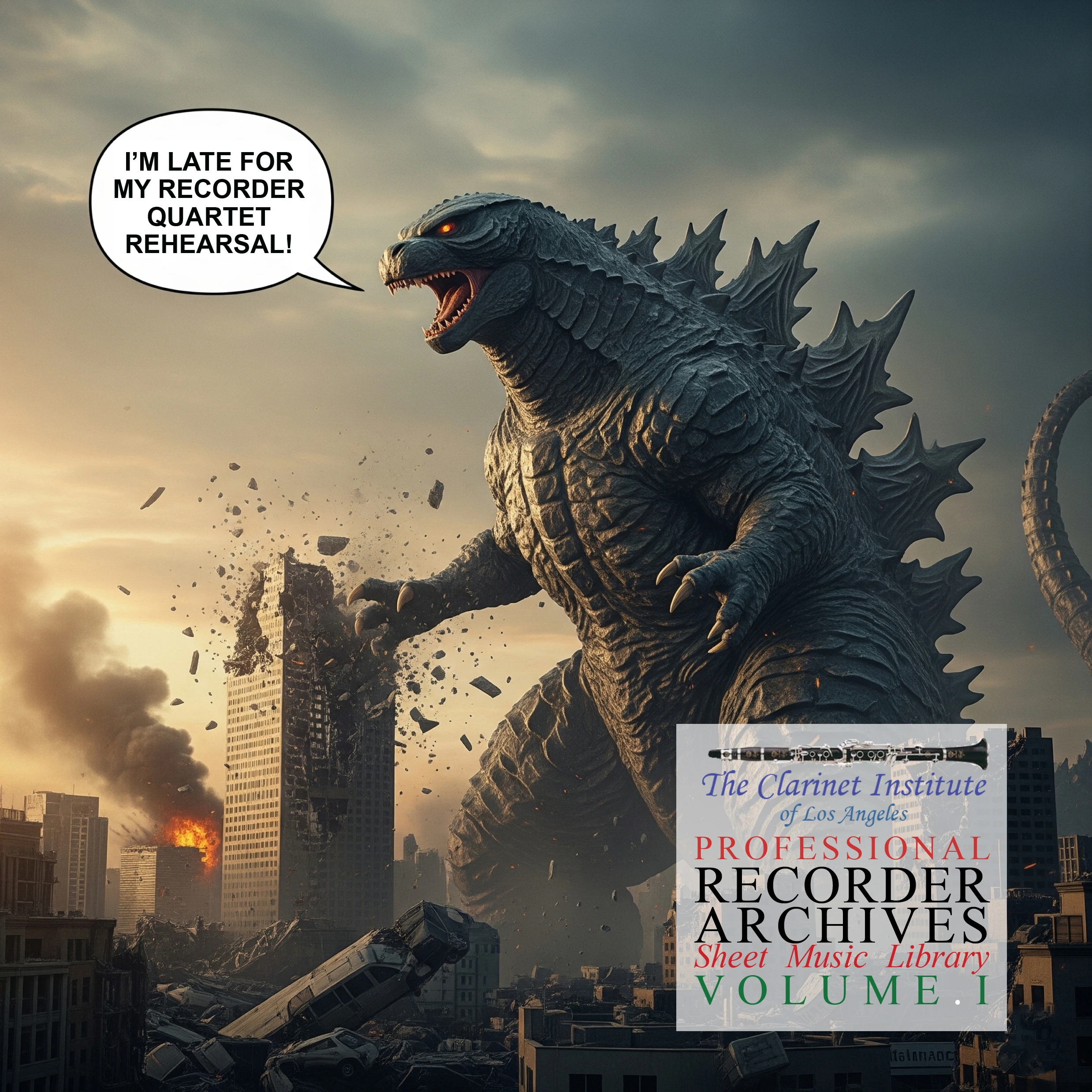 Cover for Recorder Sheet Music, Vol. 1 showing Godzilla late for his rehearsal