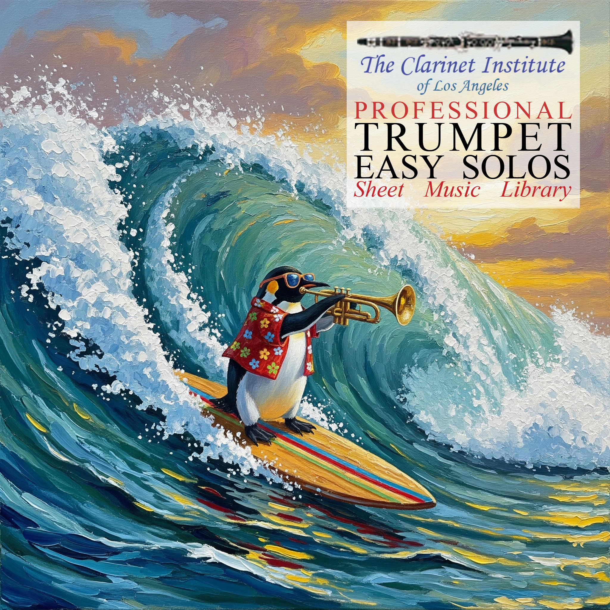 Trumpet Easy Solos Penguin Cover for Trumpet Easy Solos Collection showing a surfing penguin playing the trumpet