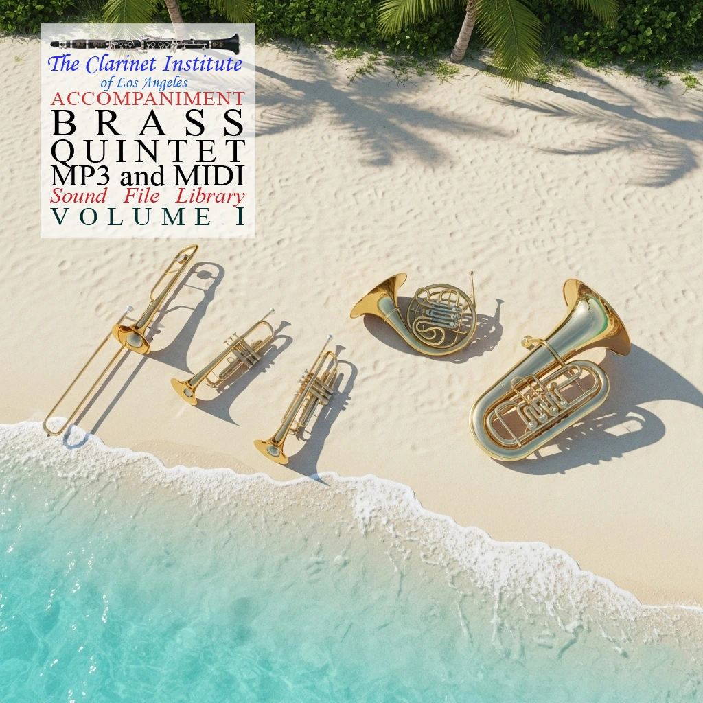 Brass instruments including two trumpets, a trombone, a tuba, and a French horn lying on a sandy tropical beach near turquoise water.