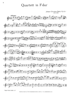 Sample page of flute sheet music from J.C. Bach’s Flute Quartet, Op. 8, No.
