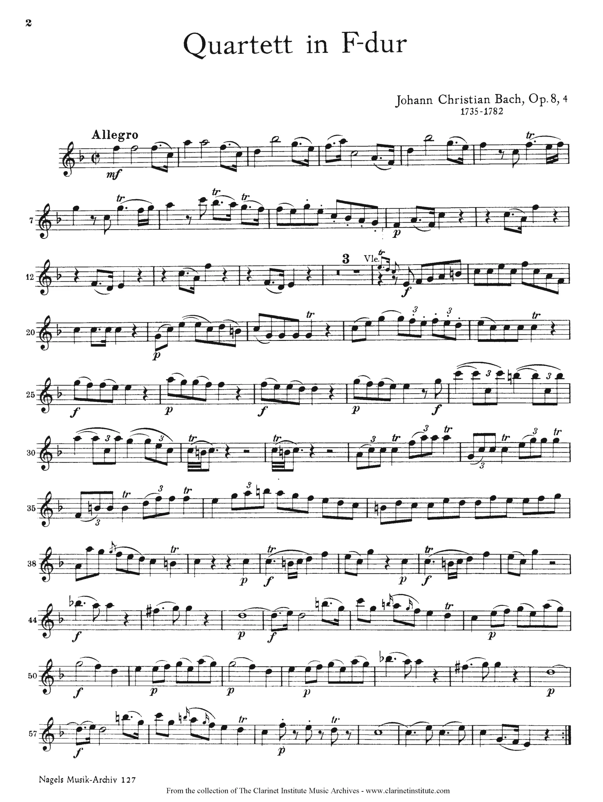 Sample page of flute sheet music from J.C. Bach’s Flute Quartet, Op. 8, No. 