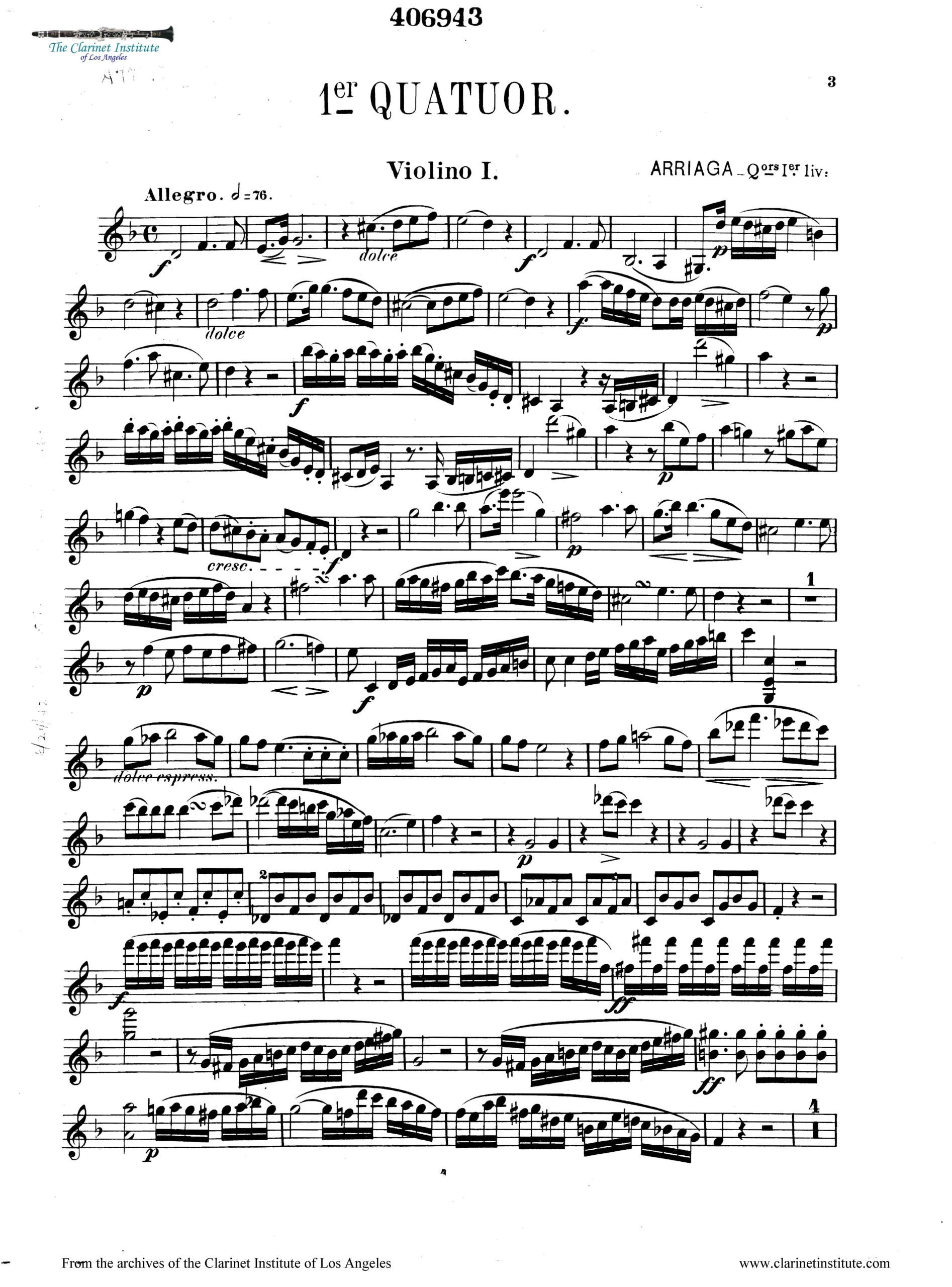 Cover for String Quartet Sheet Music, Vol. 1 showing Arriaga String Quartet