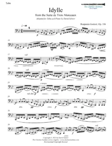 Sheet music for tuba and piano titled Idylle, Op. 116, No. 2 by Benjamin Godard