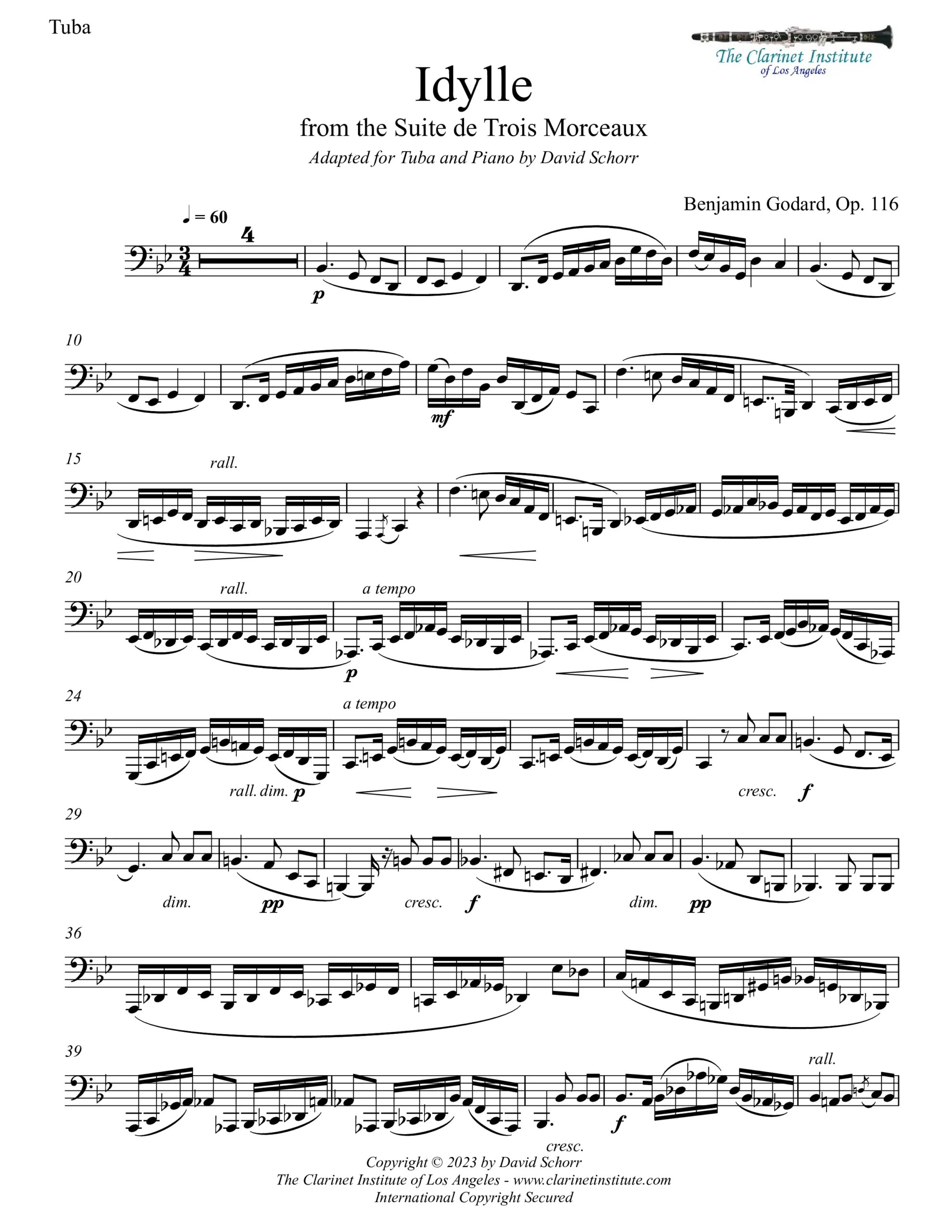 Sheet music for tuba and piano titled Idylle, Op. 116, No. 2 by Benjamin Godard