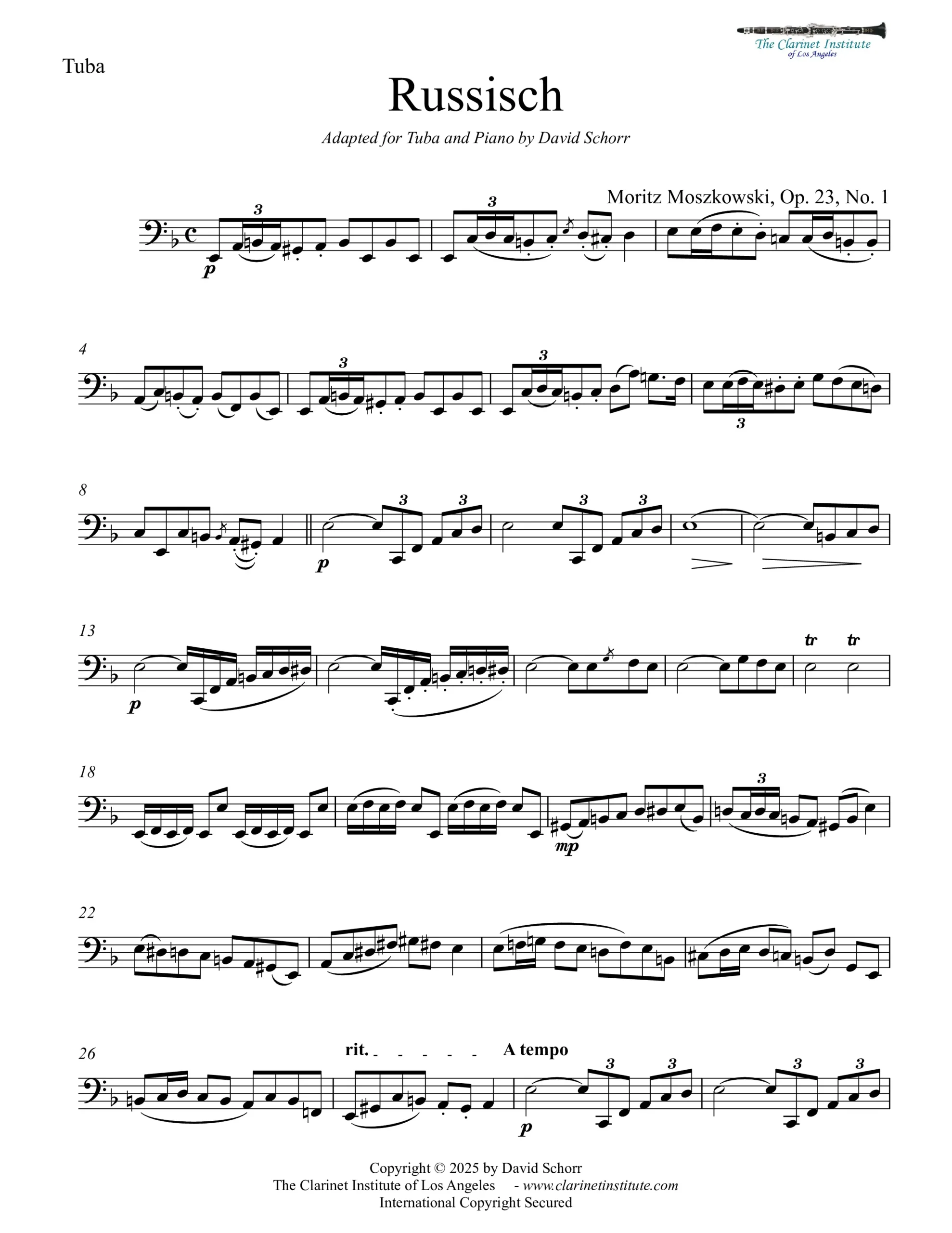 Sheet music for tuba and piano titled Russisch, Op. 23, No. 1 by Moritz Moszkowski