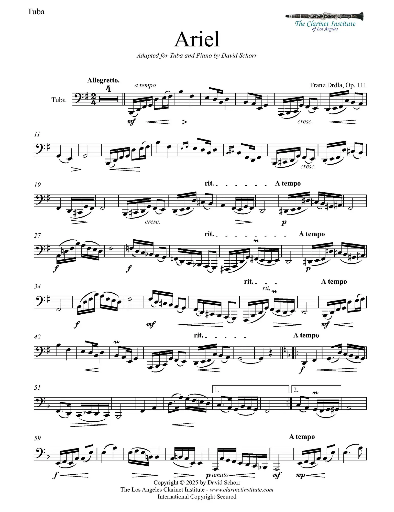 Drdla, Franz - Ariel, Op. 111 arranged for Tuba and piano