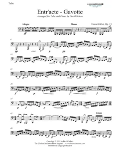 Sheet music for a tuba and piano arrangement of Ernest Gillet's Entr'acte-gavotte, Op. 13 by David Schorr.