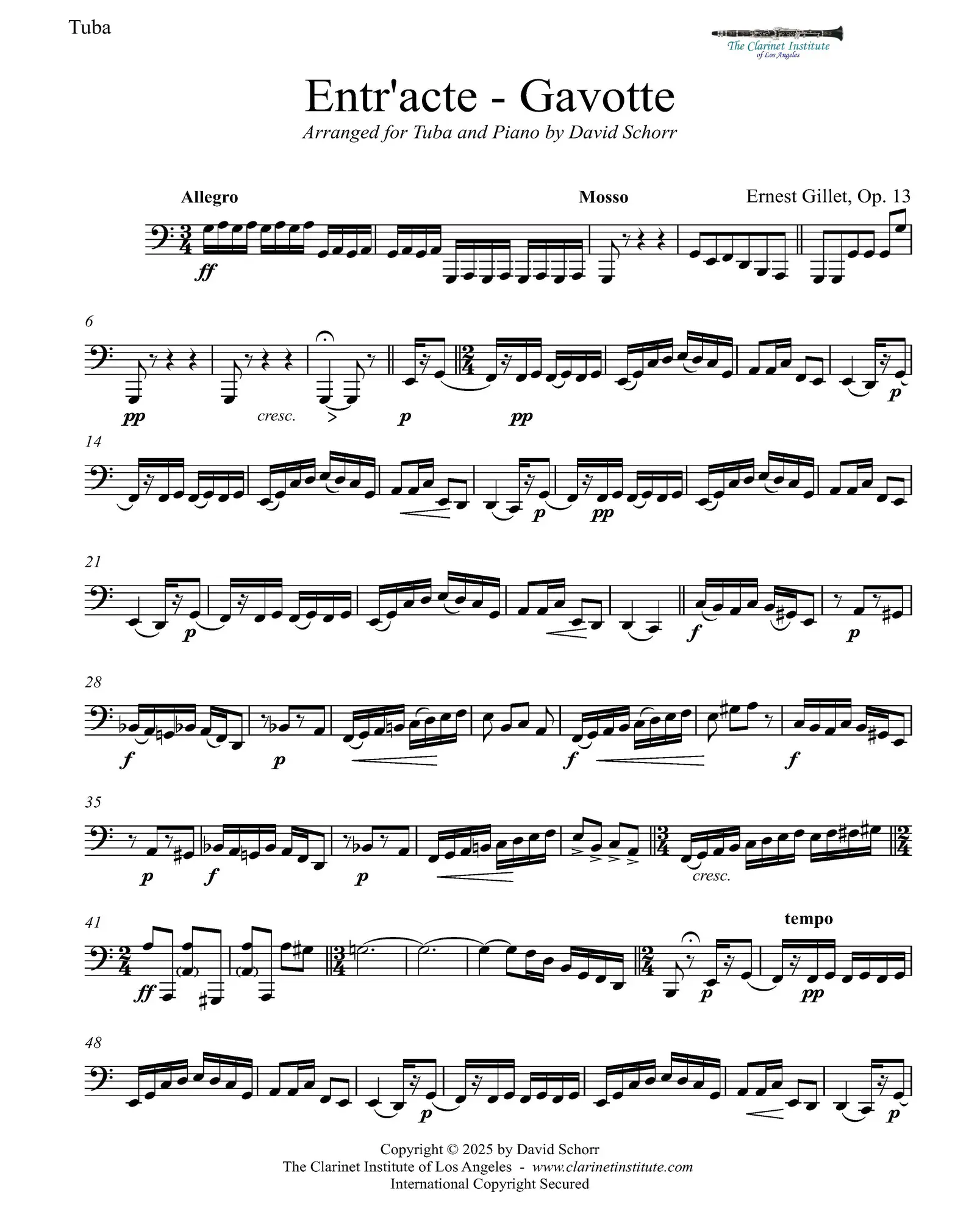 Sheet music for a tuba and piano arrangement of Ernest Gillet's Entr'acte-gavotte, Op. 13 by David Schorr.