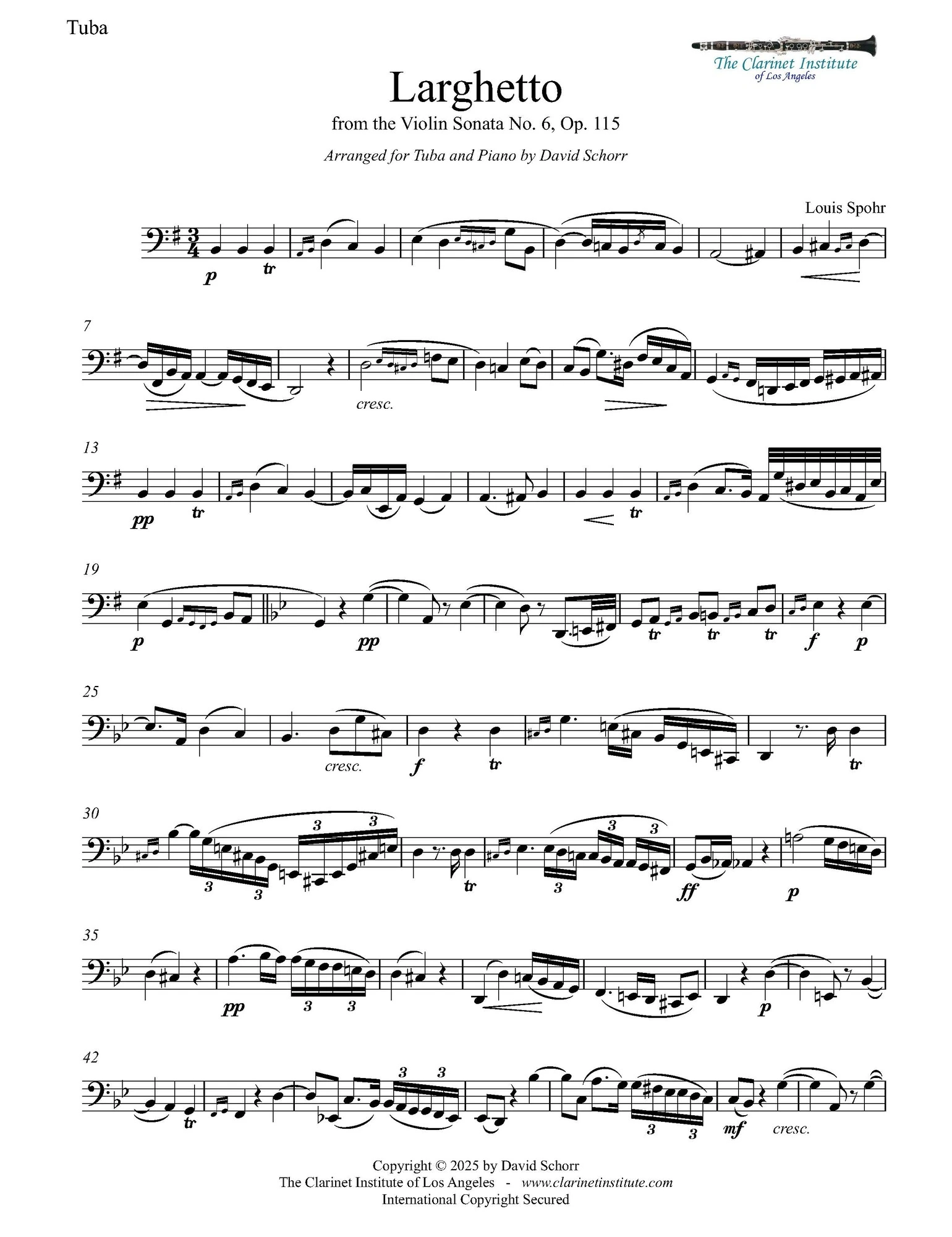 Sheet music sample for tuba and piano: Spohr, Louis – Larghetto from Violin Sonata No. 6, Op. 115