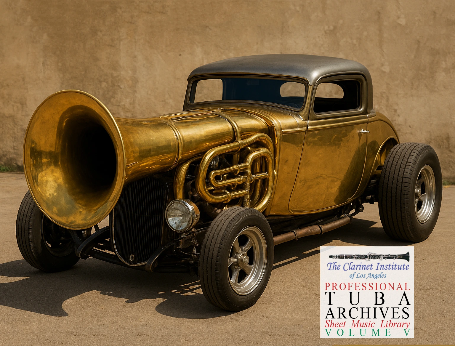 Cover for Tuba sheet music, Vol. 5 depicting a tuba as a hot rod