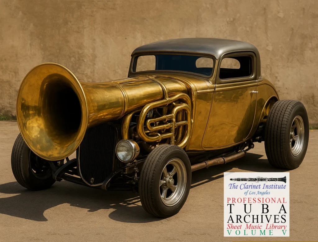Custom hot rod styled as a brass tuba, with musical elements integrated into the car’s body design