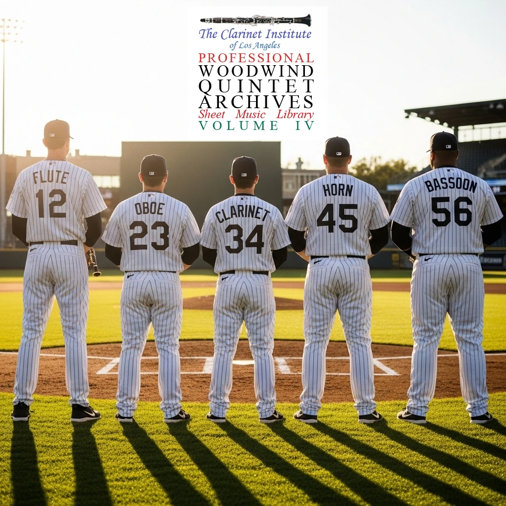 Photograph of the cover for 'Woodwind Quintet, Vol. 4' sheet music collection, featuring baseball players in uniform, each labeled with the name of a woodwind instrument.