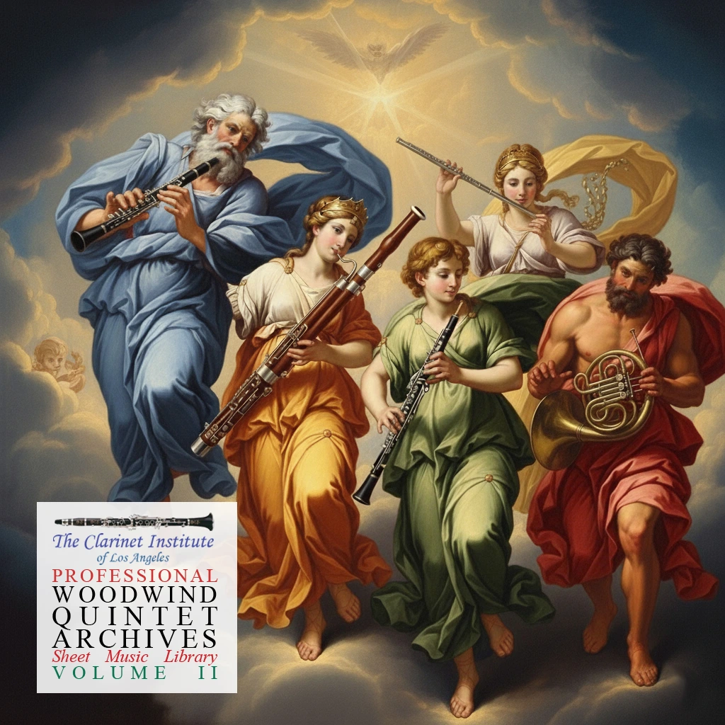 A cover for the sheet music collection "Woodwind Quintet, Vol. 2." featuring a classical-style painting of multiple Greco-Roman gods.