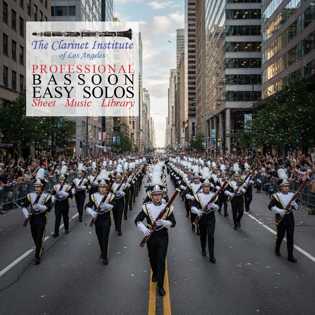 Cover for Bassoon Easy Solos collection featuring a bassoon marching band