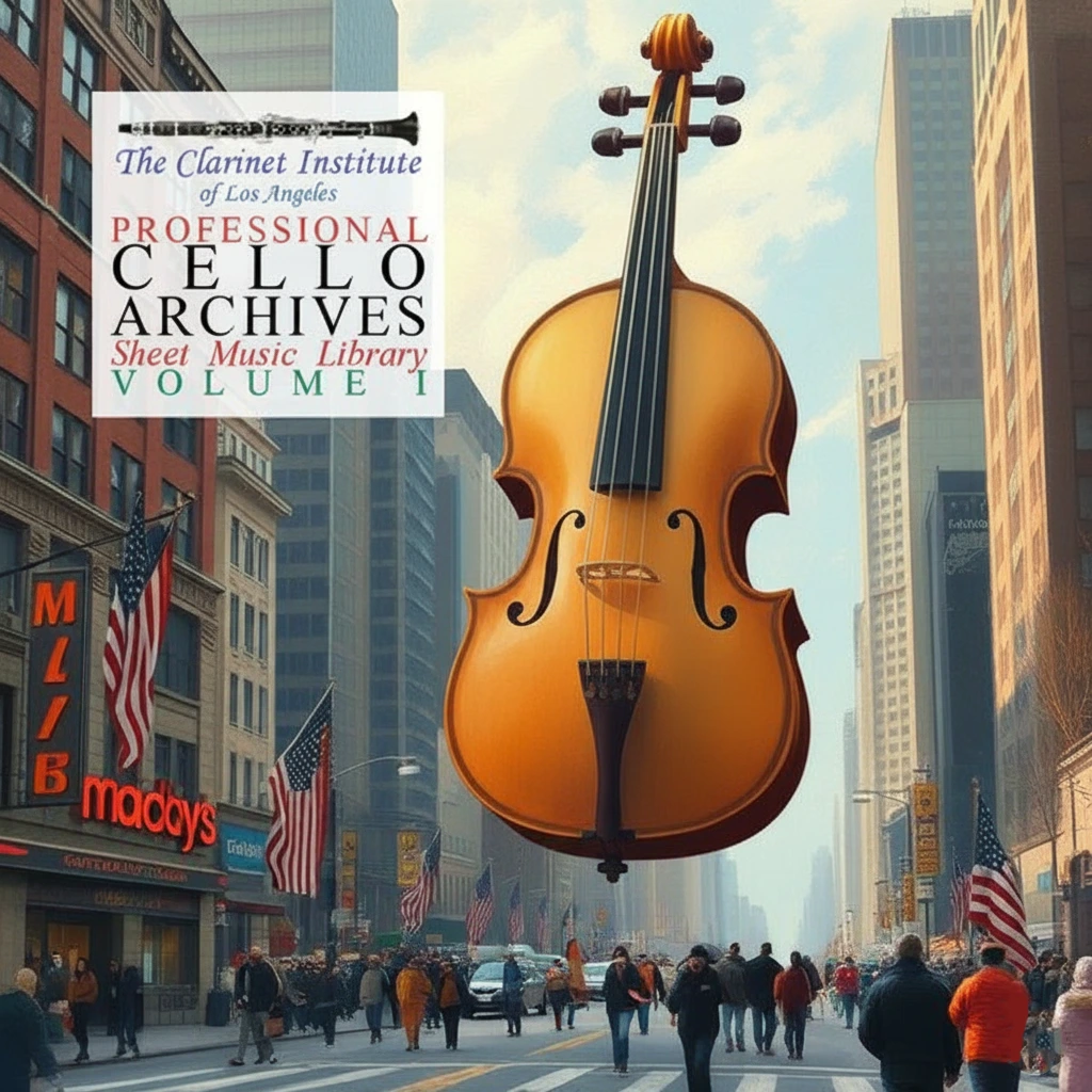 Cover for Cello Sheet Music, Vol. 1 showing a painting of a flying cello over a city street
