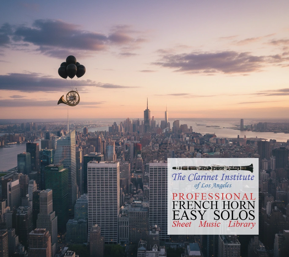 French horn suspended by weather balloons floating above the Manhattan skyline.