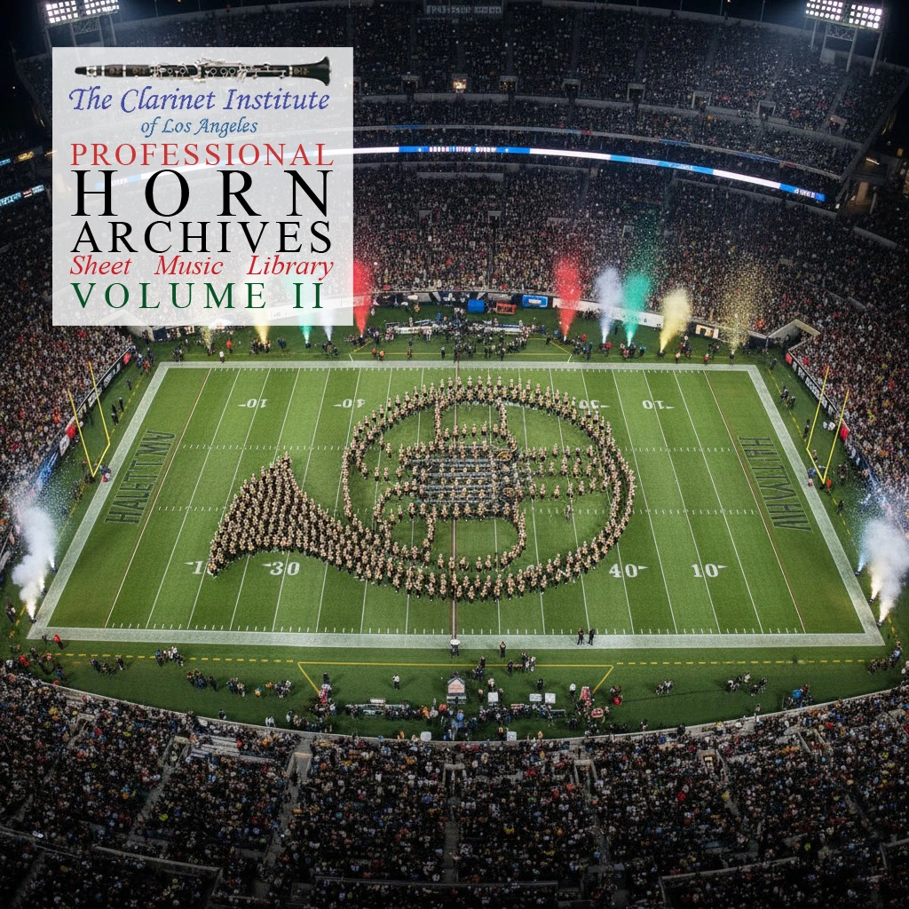 Cover for the French horn sheet music archive, Volume 2, featuring a marching band forming the shape of a French horn on a football field.

📝 Caption
Cover photo for Volume 2 of the French Horn Archive—marching band formation in the shape of a French horn.

📚 Description
This image is the cover for Volume 2 of the Clarinet Institute of Los Angeles French Horn Sheet Music Archive. It features a vibrant aerial view of a marching band performing on a football field, arranged in the unmistakable shape of a French horn. The formation highlights the instrument’s iconic curves and bell, creatively rendered through coordinated band placement. This dynamic visual celebrates the spirit of ensemble performance and introduces a curated collection of French horn sheet music for players of all levels. The cover sets the tone for a volume filled with expressive solos, duets, and ensemble works.

Let me know if you'd like a version adapted for archive.org, YouTube, or Google Merchant listings. I can also add pinyin and Simplified Chinese if you're prepping multilingual metadata.
