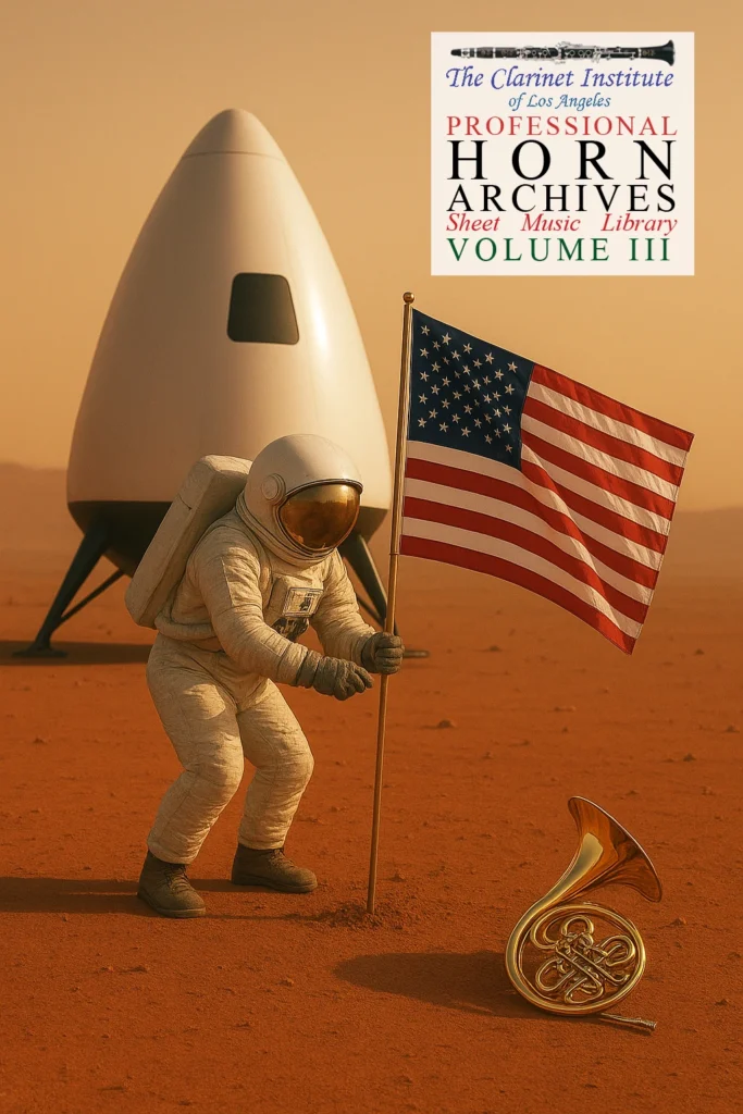 A surreal Mars-like scene with an astronaut planting a flag, a French horn on the ground, and a Volume III archive cover for professional horn sheet music