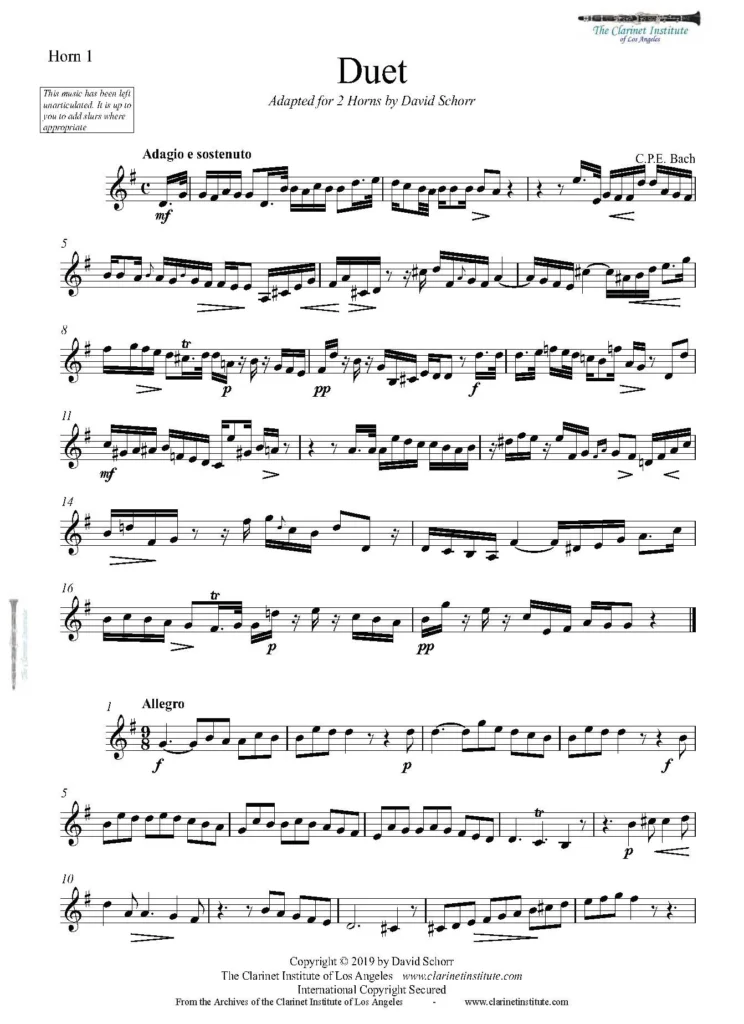 Duet for two French horns by C.P.E. Bach — sheet music cover