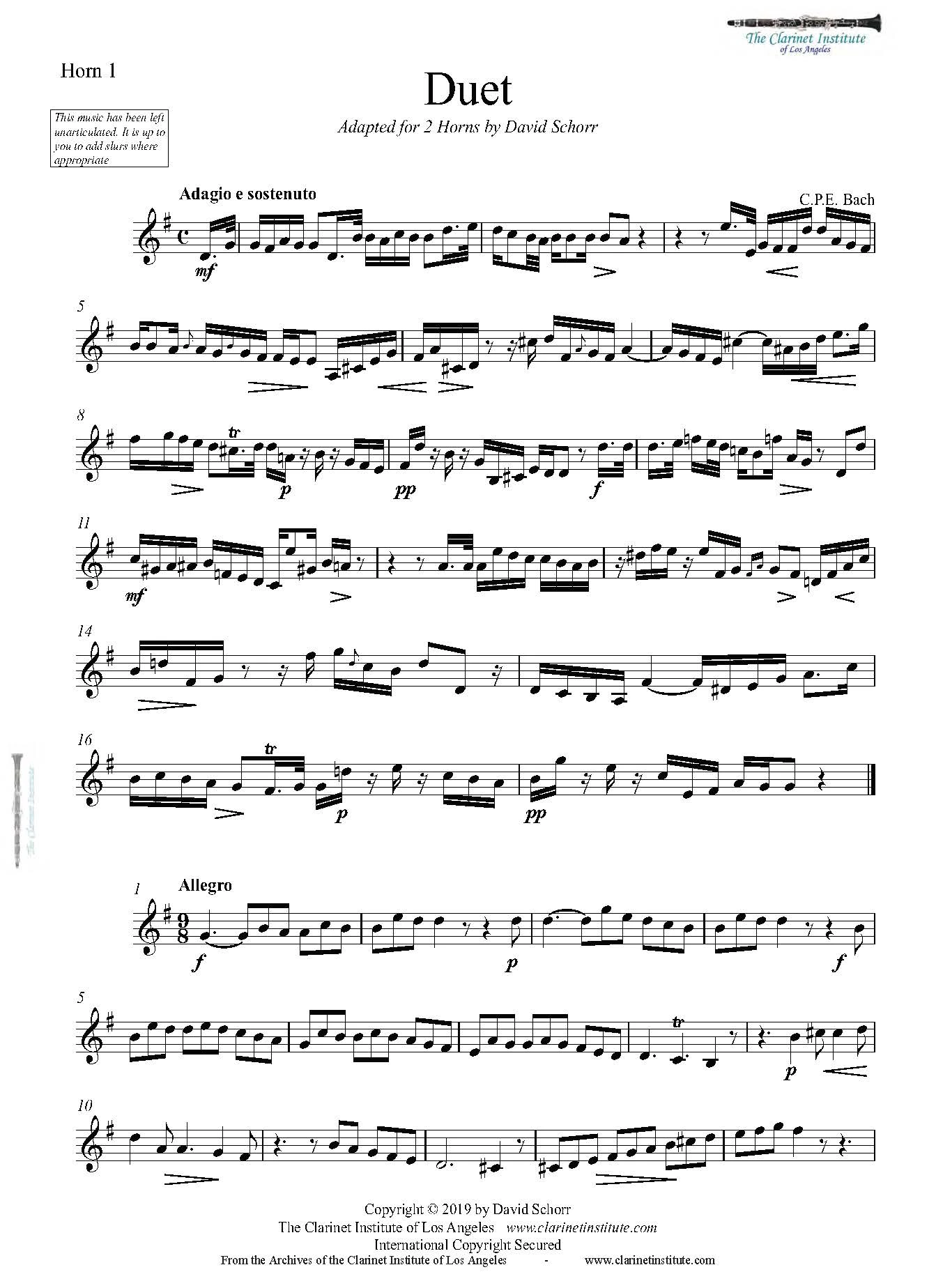 Duet for two French horns by C.P.E. Bach — sheet music cover