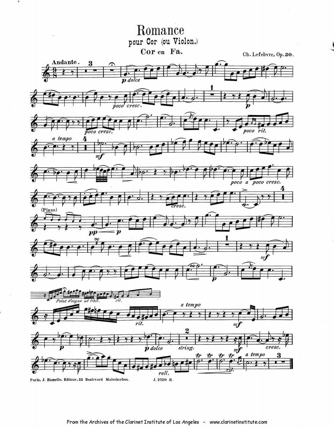 Charles Lefebvre’s “Romance” for French horn and piano — Volume 3 sheet music cover