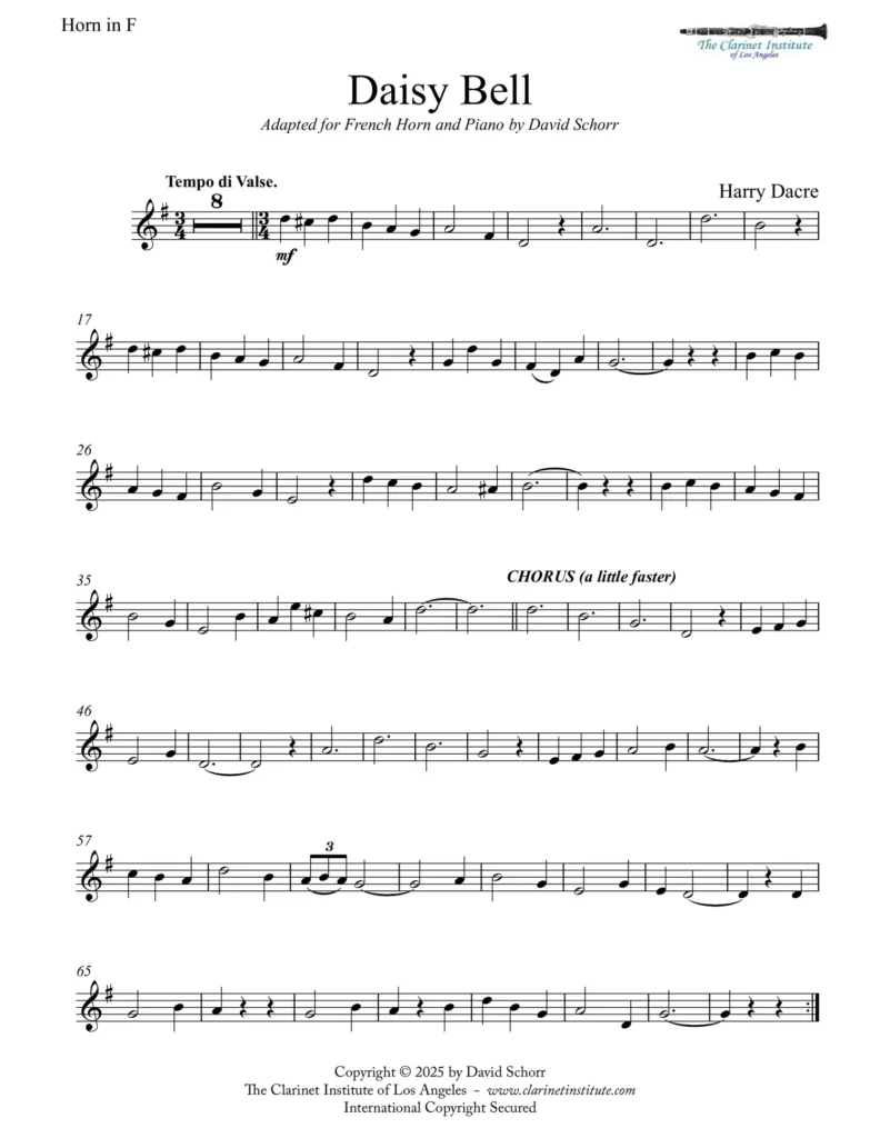 French horn and piano arrangement of Henry Dacre’s “Daisy Bell” — solo sheet music cover