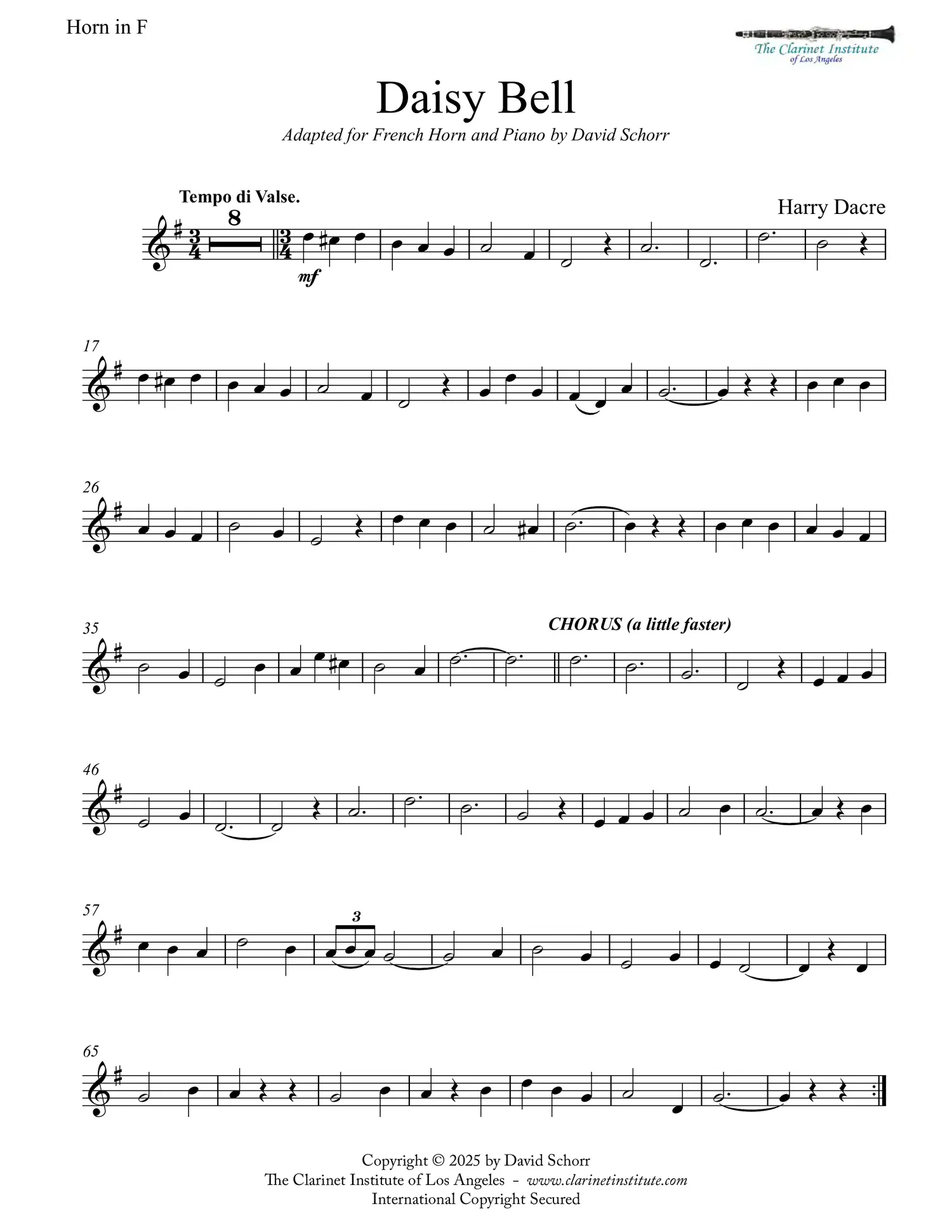 French horn and piano arrangement of Henry Dacre’s “Daisy Bell” — solo sheet music cover