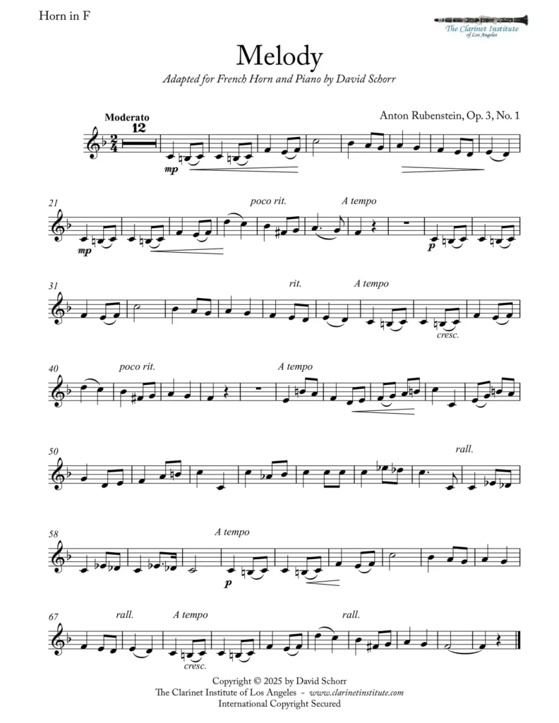 French horn and piano arrangement of Anton Rubinstein’s “Melody,” Op. 3, No. 1 — sheet music cover
