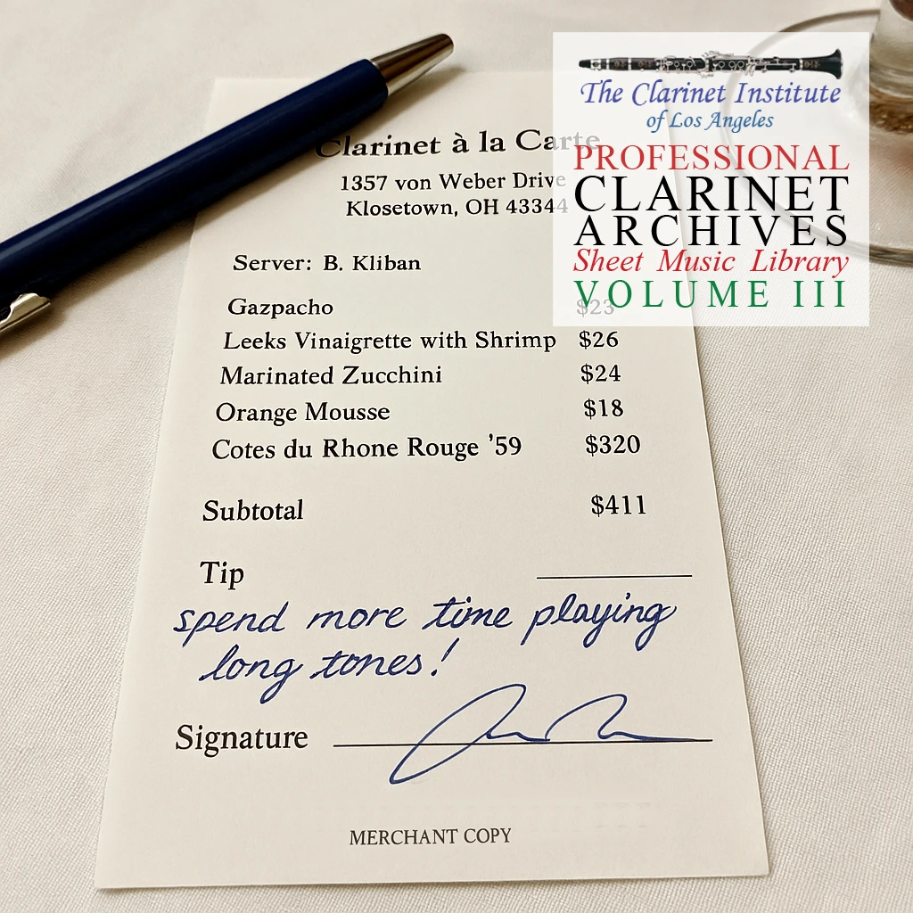 Clarinet 3 Restaurant Receipt - A square cover for Clarinet Sheet Music, Vol. 3 showing a humorous restaurant receipt with the tip line reading “spend more time playing long tones!”