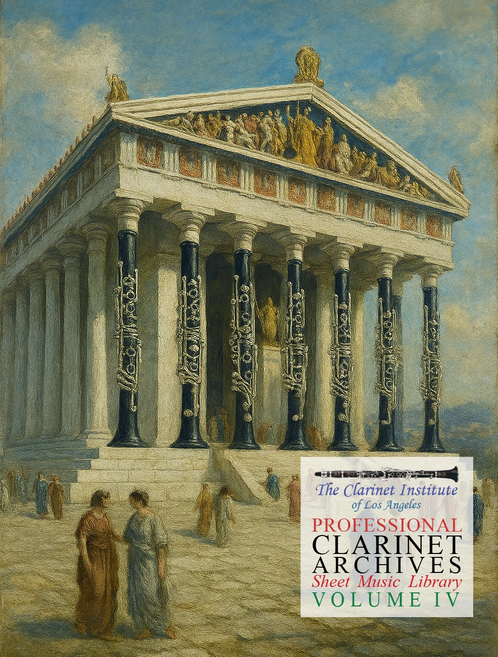Cover for Clarinet Sheet Music, Vol. 4 depicting the Parthenon with clarinets for columns!