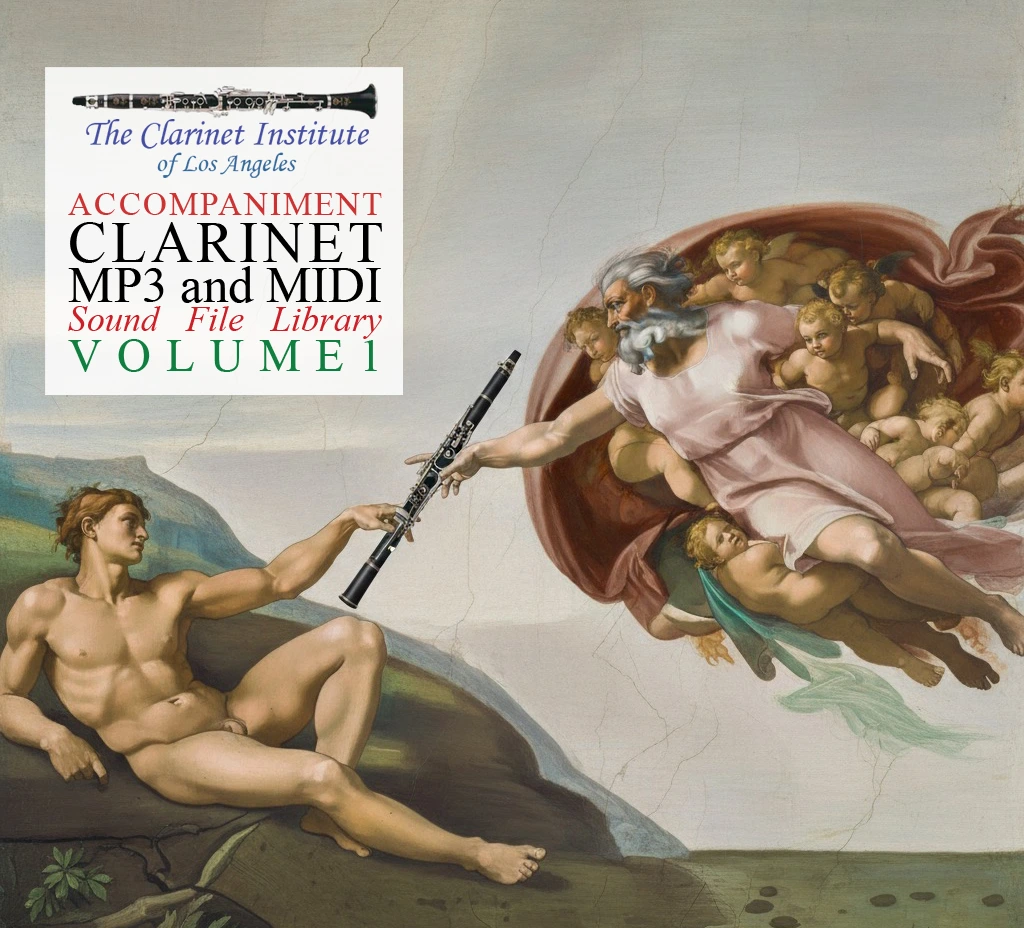 Parody of Michelangelo’s Creation of Adam, with God handing Adam a clarinet; cover image for Clarinet Sound Files, Vol. 1.